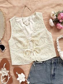 Soleia 女士提花前系带宽松上衣衬衫，腰果花佩斯利波西米亚风，适合西部牛仔风格女性，复活节风格女性 - 黑色 - 查看 7