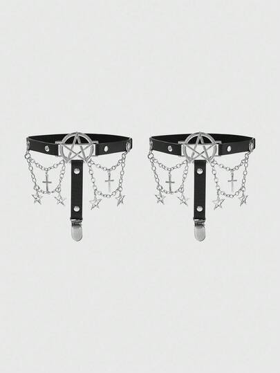 2 Stücke Damen Schwarze Cut Out Fünfzackiger Stern Ketten Kreuz Stern Dekor Goth Stil Strumpfband, geeignet als Halloween Accessoire