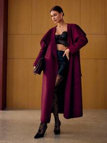 MOTF PREMIUM BELTED RUFFLE TRIM OVERCOAT - Burgundy - View 5