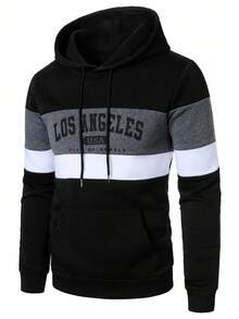 Manfinity Homme 男士休闲撞色字母印花连帽卫衣，秋冬季，洛杉矶连帽衫，长袖上衣 - 彩色 - 查看 1