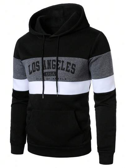 Manfinity Homme Men's Casual Colorblock Letter Print Hooded Sweatshirt, Autumn/Winter, Los Angeles Hoodie, Long Sleeve Top