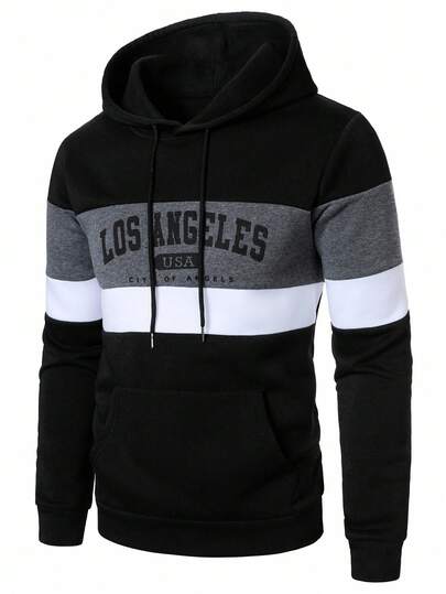 Manfinity Homme Men's Casual Colorblock Letter Print Hooded Sweatshirt, Autumn/Winter, Los Angeles Hoodie, Long Sleeve Top
