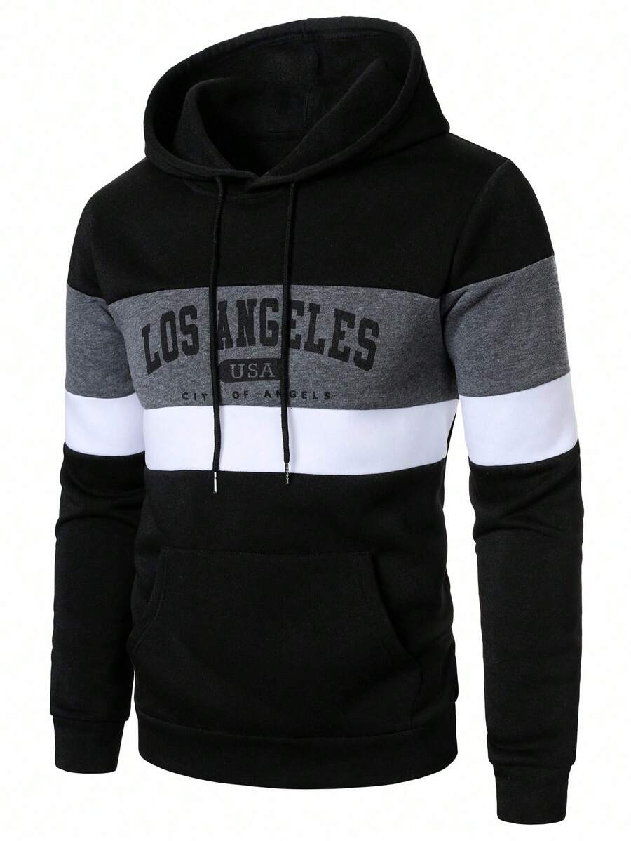 Manfinity Homme 男士休闲撞色字母印花连帽卫衣，秋冬季，洛杉矶连帽衫，长袖上衣 - 彩色 - 查看 1