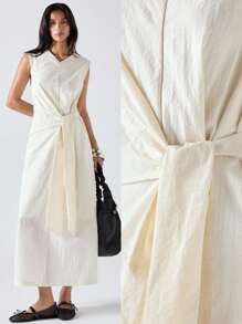 LYSMO Robe décontractée sans manches pour femme, couleur unie, été - Nude - Voir 1