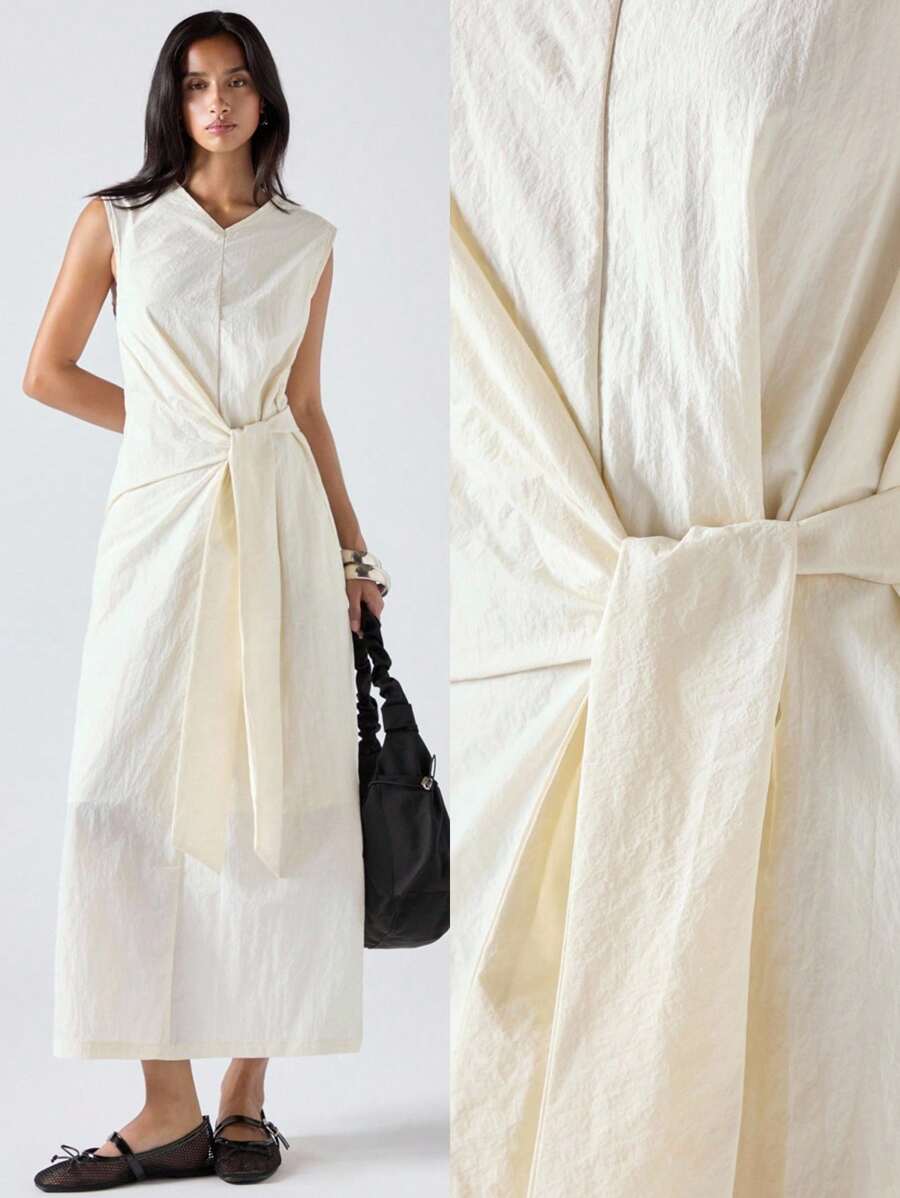 LYSMO Robe décontractée sans manches pour femme, couleur unie, été - Nude - Voir 1