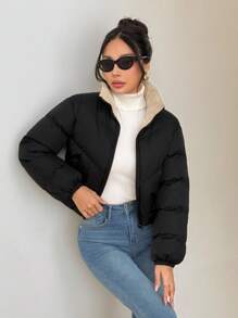 SHEIN PETITE Women's Zipper Long Sleeve Fashionable Popular Winter Insulated Padded Coat, Dress Casual ,Business Casual Outfits Women,Fall Clothes For Women,Going Out Tops