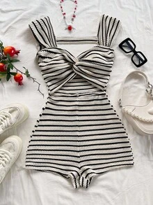 Soleia Plus Size Women's Vacation Knitted Striped Twist Front Keyhole Backless Jumpsuit, Autumn/Winter - Black and White - View 6