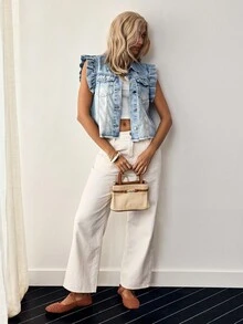 EMERY ROSE 女士单排扣荷叶边下摆休闲牛仔夹克