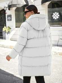 EURMUSE Plus Size Casual Solid Color Hooded Jacket, Versatile For Winter - White - View 2
