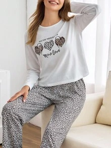 EURMUSE Bawełniana koszula z długim rękawem i nadrukiem w serca oraz spodnie w panterkę, Homewear Comfort Pajama Set - Wielokolorowe - Zobacz 5