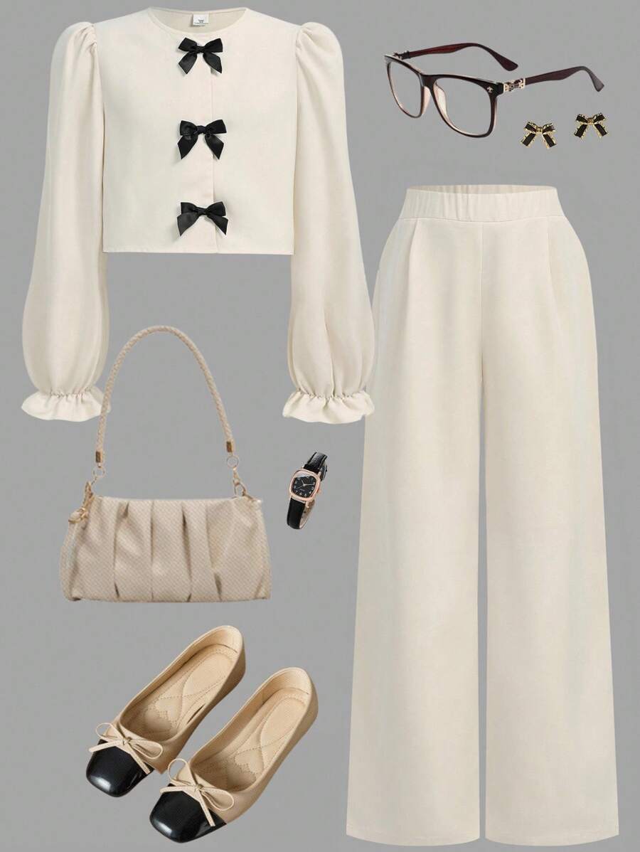 Girlism 青少年女孩休闲时尚圆领荷叶边泡泡袖纽扣上衣和长裤套装 - 杏色 - 查看 1