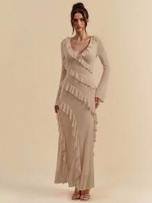 SHEIN BAE Vestido largo con volantes de manga larga, romántico de otoño, elegante para citas, viajes, ropa interior de otoño, adecuado para el Día de San Valentín, lazos, vestidos elegantes para mujer, vestidos de fiesta, vestidos formales para mujer, vestidos midi para mujer, vestidos de verano, malla, mangas transparentes, vestidos casuales, vestidos de novia para damas, curvas plus, vestidos de cumpleaños talla grande, curvas, vestidos de gala, verano, otoño