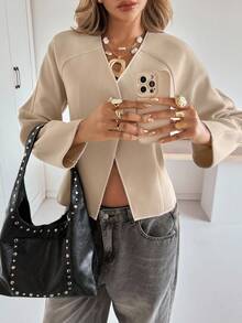 Siren Gaze 女士纯色杏色V领金属单排扣大衣，秋季/办公室/冬季休闲款 - 杏色 - 查看 5