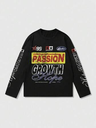 Street Life T-shirt à manches longues avec imprimé lettre de course pour hommes, convenant pour le port quotidien, printemps/été