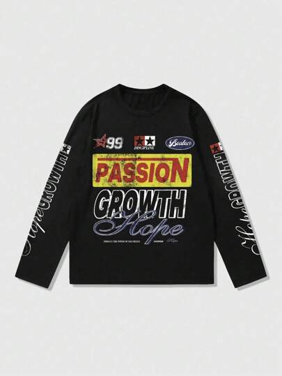 ROMWE MEN Street Life Heren Racing Letter Print T-shirt met lange mouwen, geschikt voor dagelijks gebruik, lente/zomer