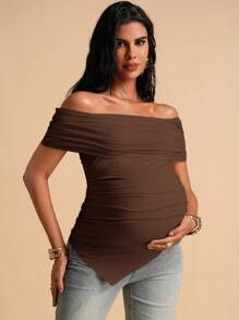 MaterniChic Maternity Solid Color Off-Shoulder Ruched Fitted Fashion T-Shirt