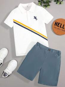 SHEIN Tween Boys' Casual & Comfortable Equestrian Print Polo Shirt And Shorts Set - Blue - View 1