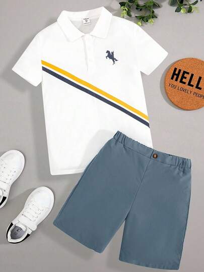 SHEIN Tween Boys' Casual & Comfortable Equestrian Print Polo Shirt And Shorts Set