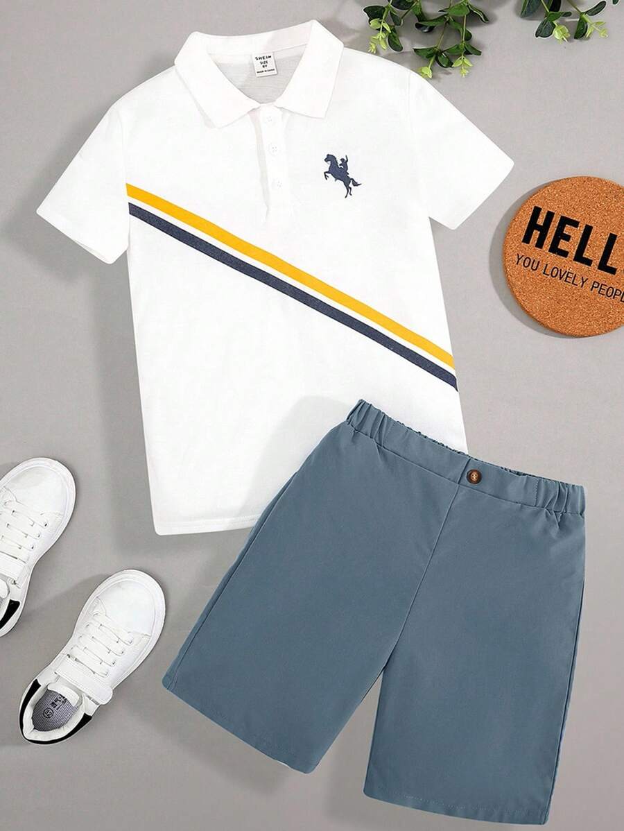 SHEIN Tween Boys' Casual & Comfortable Equestrian Print Polo Shirt And Shorts Set - Blue - View 1
