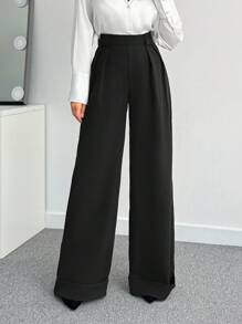 SHEIN Tall 女士纯色高腰阔腿裤 - 黑色 - 查看 5