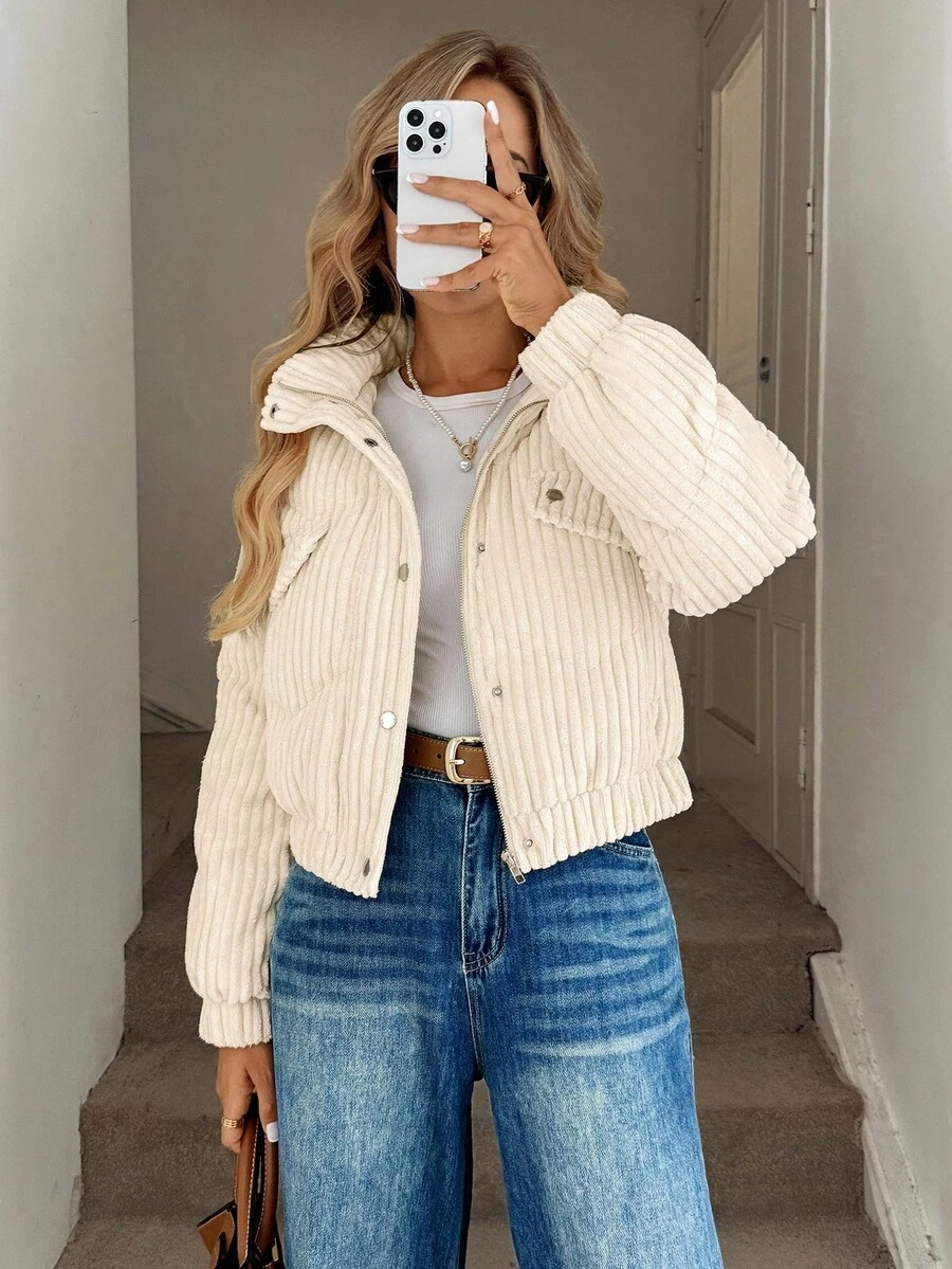 Easowa Button & Zipper Front Slant Pocket Hooded Long Sleeve Casual Loose Commuter Vintage Style Padded Coat For Women, Autumn/Winter Winter For Women Winter For Women Women Winter Jacket For Women Winter Jacket Women Cropped Jackets Fall For Women Corduroy Jacket Casual Women Outerwear - Apricot - View 1
