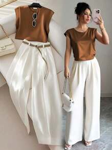 Franclia 女士优雅时尚圆领蝙蝠袖上衣搭配褶裥阔腿裤两件套，适合大学穿着