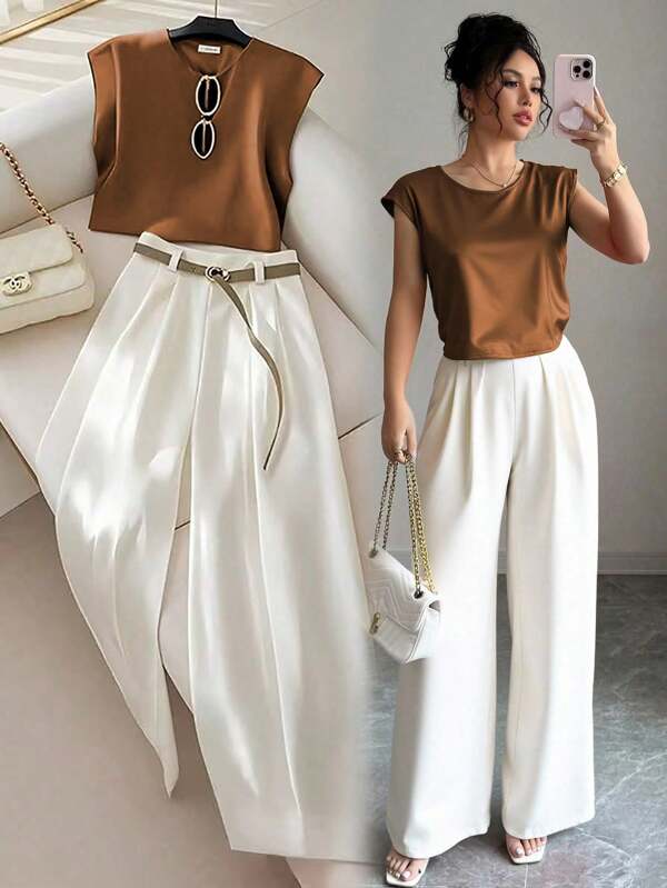 Franclia Conjunto de 2 piezas de ropa para la universidad con blusa de cuello redondo y mangas dolman elegante y pantalones anchos plisados