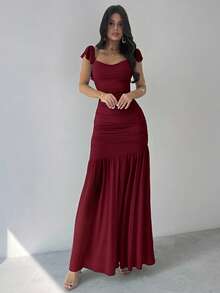 Firerie 女士优雅褶饰系腰绿色网眼紧身荷叶边下摆连衣裙，适合派对、度假、音乐节、婚礼季、早午餐、圣帕特里克节、波西米亚风女式长裙、仙女风、度假装、女士毕业礼服、女士沙滩装、女士机场装 - 酒紅色 - 查看 8