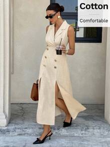 Siren Gaze 女式纯色翻领双排扣无袖休闲连衣裙 - 杏色 - 查看 3