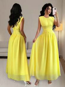 Rafferiza Damen Rundhalsausschnitt Kreuz Taille Plissee Taille Cut Out Chiffon Langes Kleid