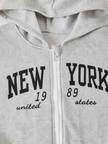 Sparklyn 3 件套青少年女孩印花拉链连帽衫夹克和极简主义图案 T 恤和阔腿裤套装，娇小女士休闲运动衫套装，适合外出、度假、街头、返校、校园穿着 - 淺灰色 - 查看 6