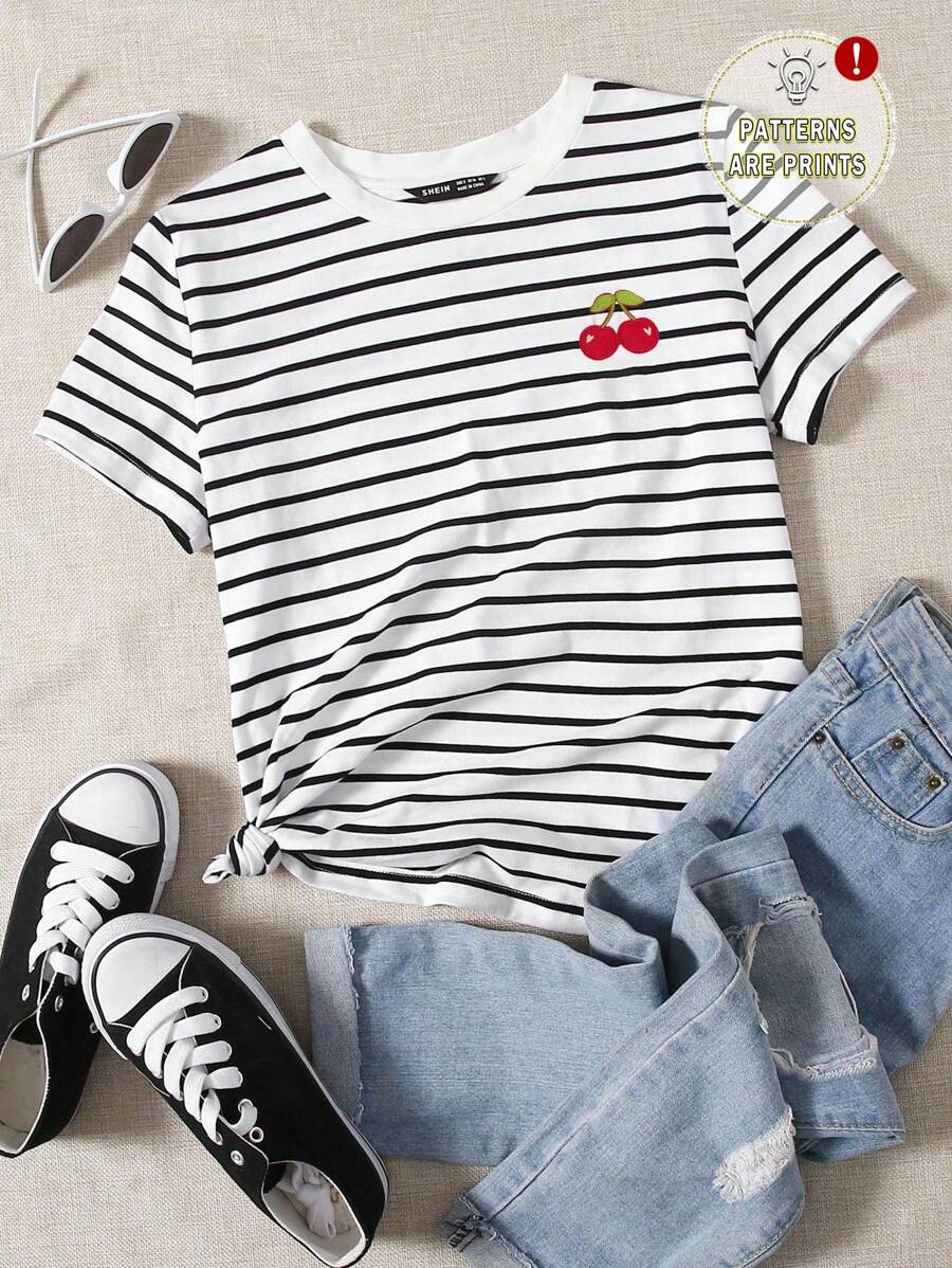 SHEIN EZwear 休闲简约黑白条纹印花樱桃刺绣图案圆领宽松女式T恤 - 彩色 - 查看 1