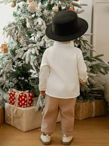 Souflis Souflis 秋冬宝宝男童绅士装套装，白衬衫卡其色背心二合一+裤子，法式复古风，适合婚礼、演出、正式场合，温暖又时尚百搭 - 卡其色 - 查看 2