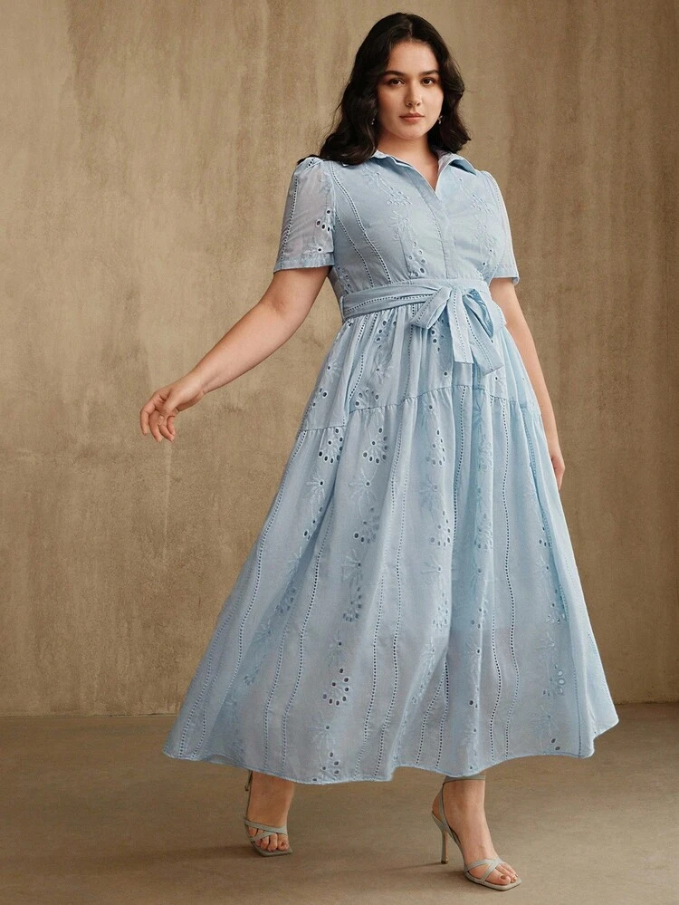 Anewsta Women's Elegant Vacation Shirt Collar Short Sleeve Cinched Waist Loose Dress, Plus Size, Spring/Summer - Baby Blue - View 6