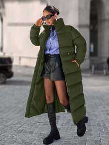 EURMUSE Zip Up Drawstring Waist Long Padded Coat - Hijau Tentara - View 1