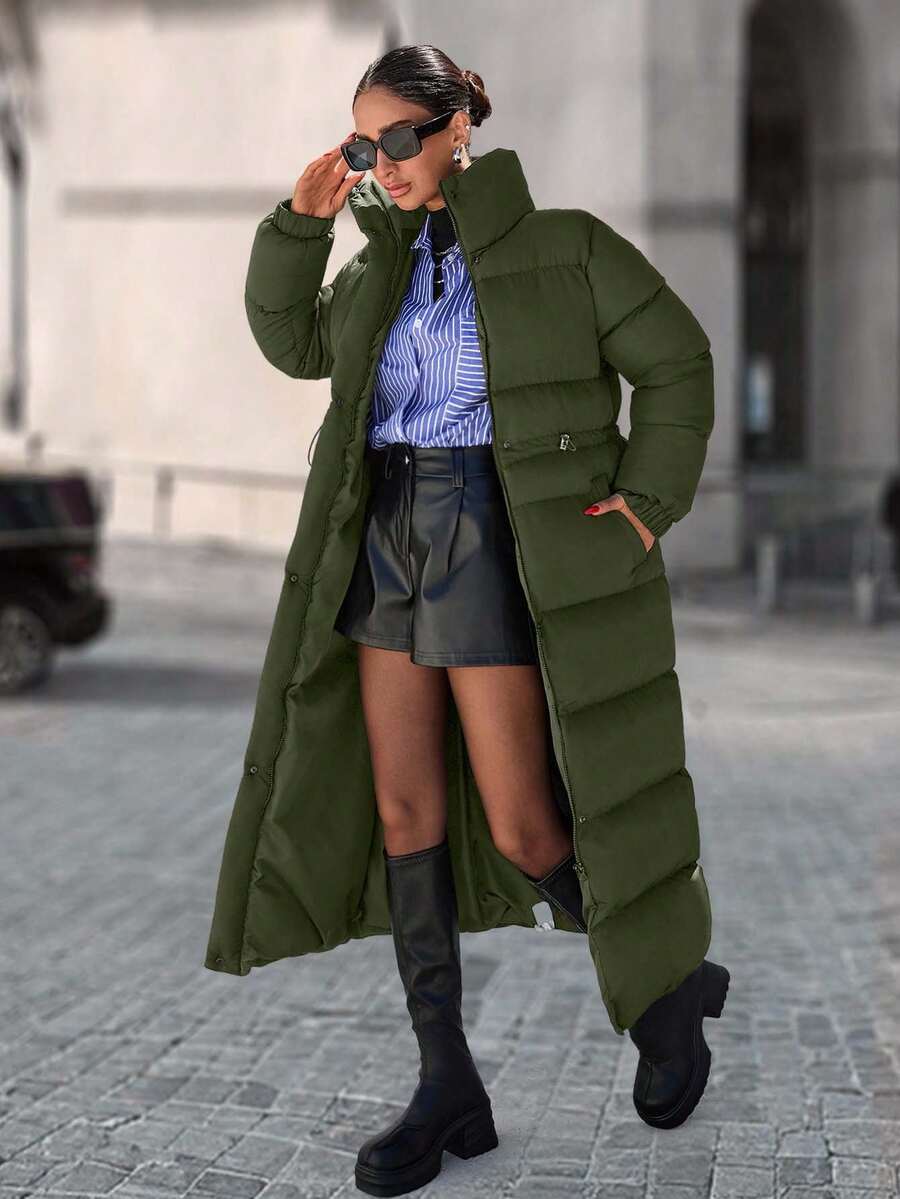 EURMUSE Zip Up Drawstring Waist Long Padded Coat - Hijau Tentara - View 1