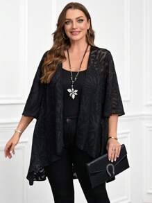 Miaspire Plus Size Women Black Jacquard Pattern 3/4 Sleeve Loose Open Front Cardigan Sweater Summer Spring For Women Vacation Woman Western Wear Women Blouses For Women Elegant Concert