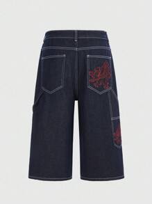 ROMWE MEN Men's Summer Casual Washed Denim Embroidered Shorts - Blue - View 2