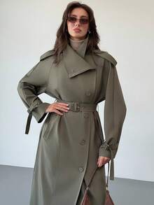 Aloruh 秋冬新款简约时尚立领喇叭腰系带宽松休闲长款风衣 - 綠色 - 查看 6