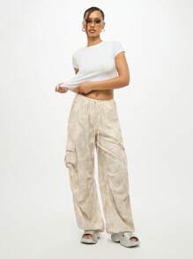 SUMWON WOMEN Pantalones cargo de pierna ancha con cordón y estampado de hibisco, pantalones casuales para verano, festivales, playa y otoño - Amarillo - Ver 3