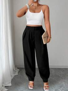 Elenzga Damenhose in großen Größen mit Taschen, plissierte, locker geschnittene Freizeithose Einfarbig