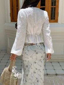 SHEIN Frenchy 女士度假休闲纯色蕾丝花边刺绣衬衫 - 米色 - 查看 2