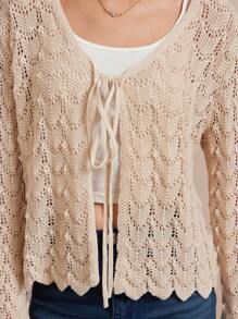 SHEIN Amorya 女士纯色条纹镂空袖轻薄棉质针织开衫，防晒外套，女士返校服装，音乐会返校节服装，女士办公室服装，教师服装，夜间外出教堂服装，女士早午餐服装，女士生日礼服，女士婚礼宾客礼服，女士秋冬服装 - 卡其色 - 查看 11