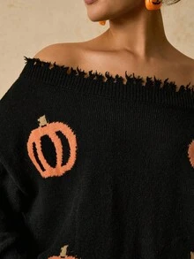 SHEIN VCAY 大码休闲提花露肩斜领温暖柔软百搭南瓜图案万圣节毛衣，秋季南瓜毛衣露肩毛衣女毛衣流苏毛衣 - 藕粉色 - 查看 10