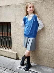 SHEIN 2pcs Tween Girl Casual Collegiate Style Color Block Shirt & Pleated Skirt Set - Blue - View 4