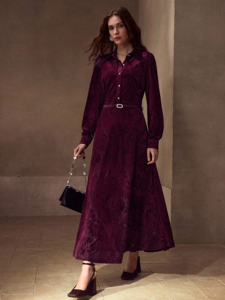 VELVET JACQUARD EMBOSSED ELEGANT MIDI DRESS