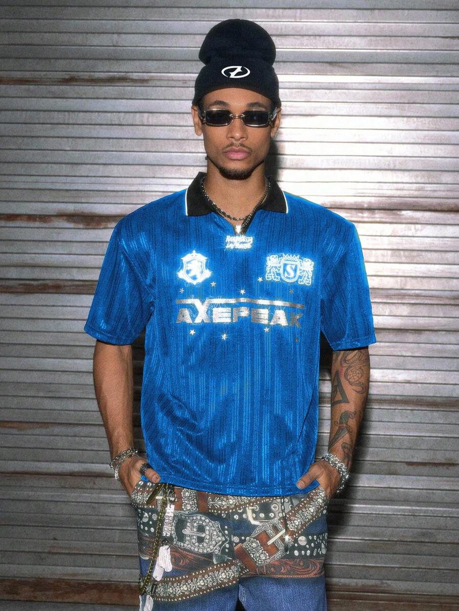 AXEPEAK 男士字母印花短袖休闲宽松 Polo 衫 - 藍色 - 查看 1