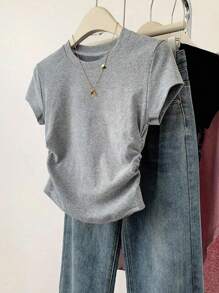 SHEIN Explorewe 5 件套青少年女孩纯色短袖 T 恤，侧面有褶皱，休闲，适合学校、郊游、校园生活、ins 风格上衣 - 彩色 - 查看 11