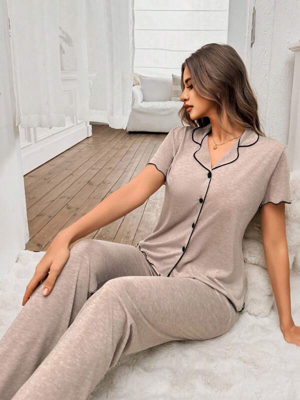 SHEIN Casual Loose Relaxed Soft Drapey Lightweight Summer Knit Khaki 2PC Set For Women - Ruffle Trim Short Sleeve Top & Pants