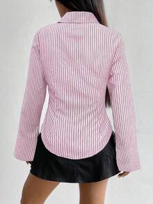 Flirla 女式长袖单排扣休闲修身条纹衬衫 - 彩色 - 查看 2